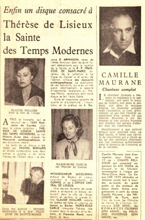 Dans le même journal, la critique du disque fait allusion à Marie-Rose Carlié 